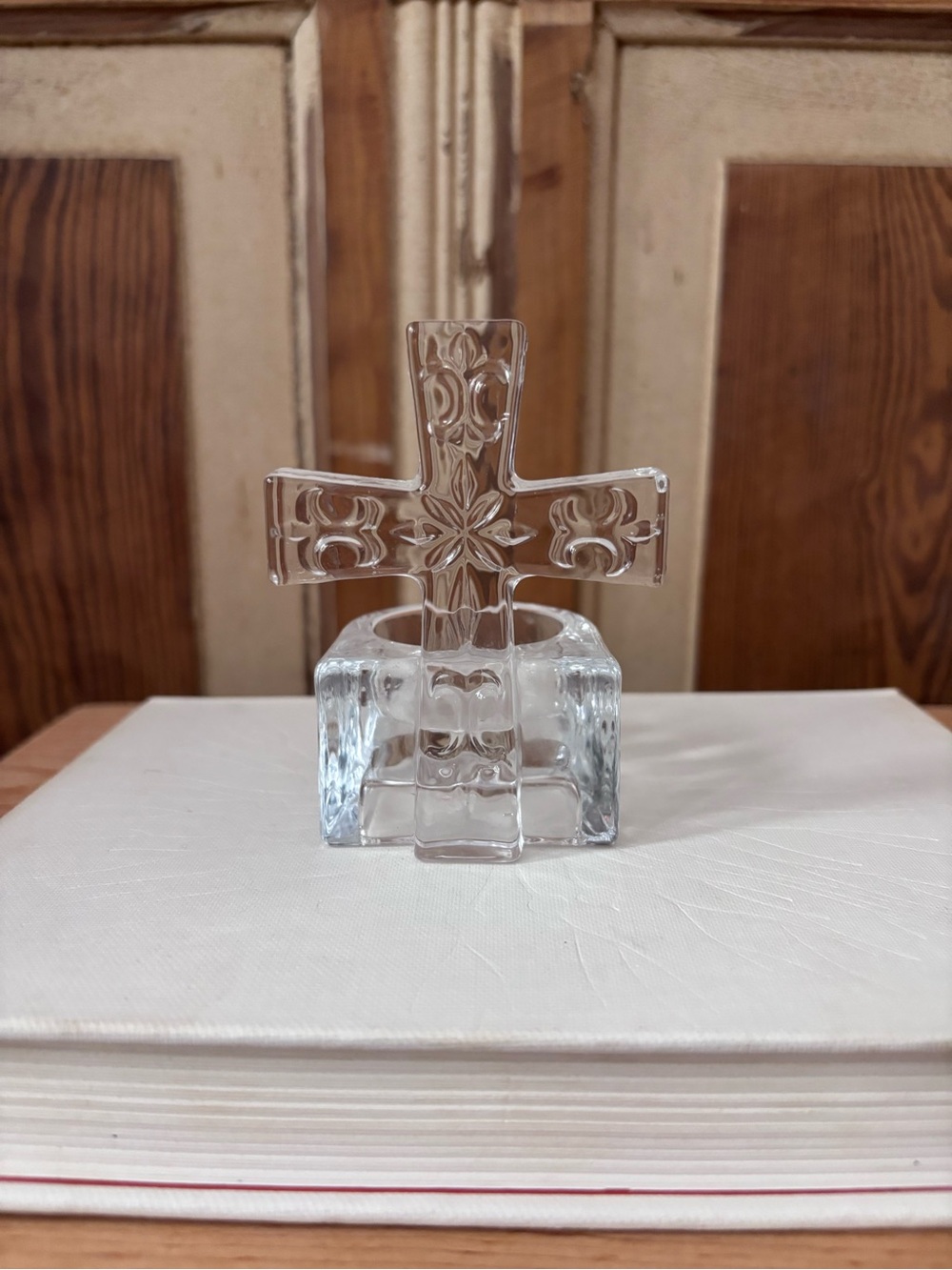Clear Glass Cross Votive Candle Holder-4” tall